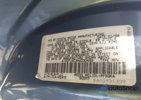 1998 Toyota Sienna Le z USA, uszkodzony, nr VIN 4T3ZF13C3WU030499